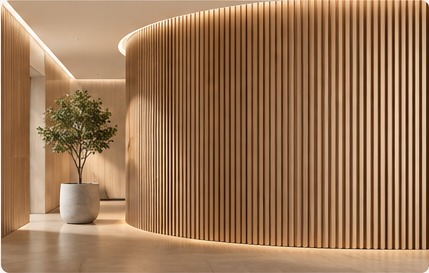 Illustrative curved architectural wall finished in warm vertical wood slats