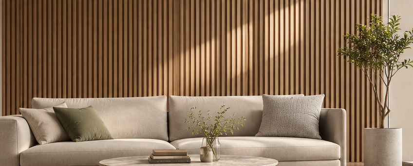 Illustrative interior with warm wood slatted wall panels