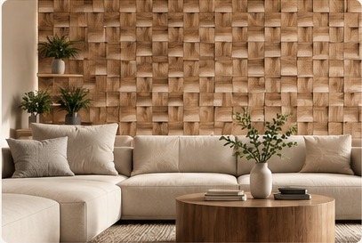 Illustrative contemporary living room with dimensional wood mosaic feature wall