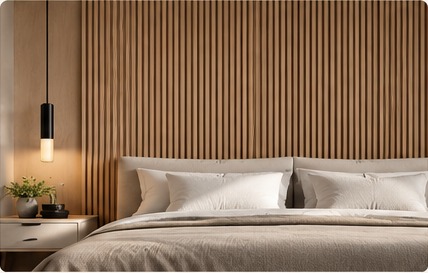 Illustrative bedroom with warm oak slatted feature wall